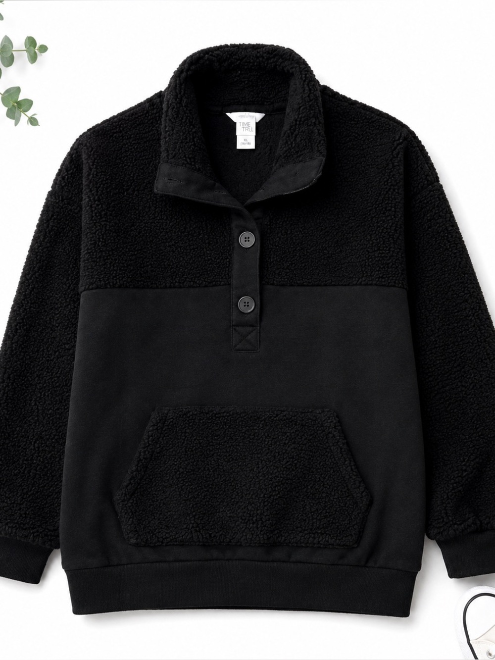 Time and Tru Black Sherpa Henley Pullover XL 16/18 Cozy Fleece